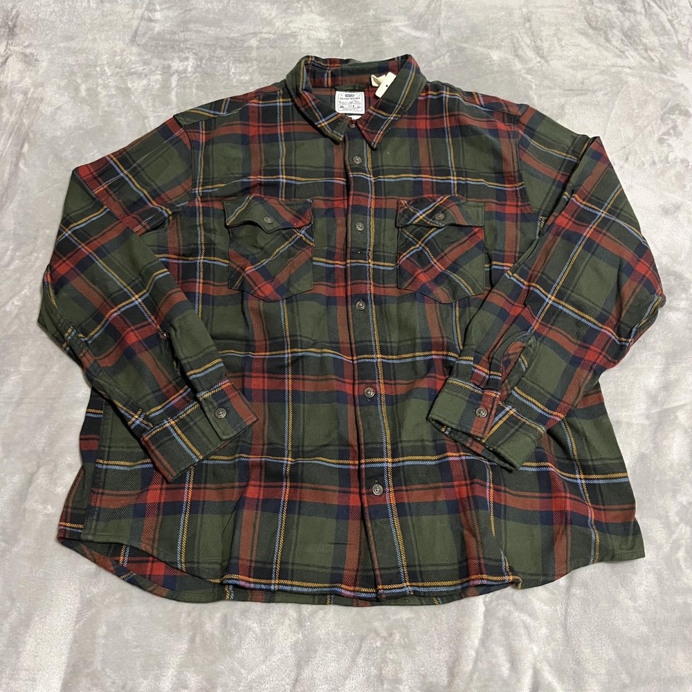 Levis Relaxed Western Shirt Mens XL Green Plaid Flannel Button Up Long Sleeve